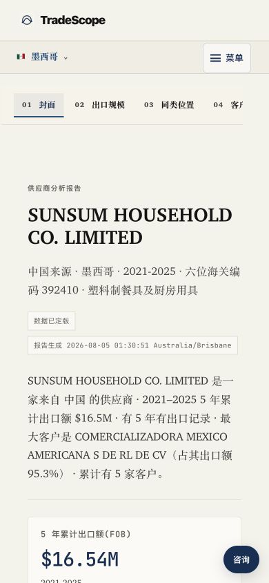 你正在看:供应商来源、数据期、累计出口额、市场份额和客户集中度。它能帮助你判断:竞争位置与依赖风险。它不能证明:真实合同条款、产能或利润。