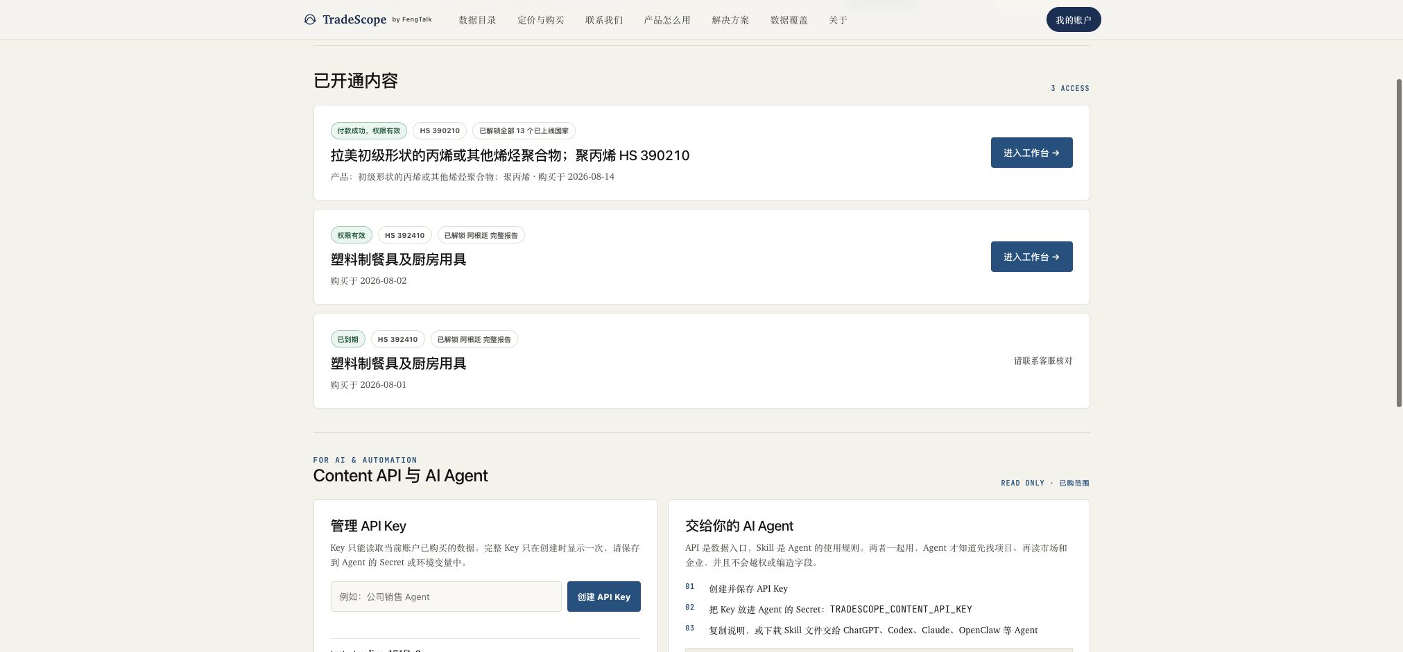 已购项目和 Content API 入口集中在我的账户;每个项目清楚显示 HS6、国家范围、状态和工作台入口。