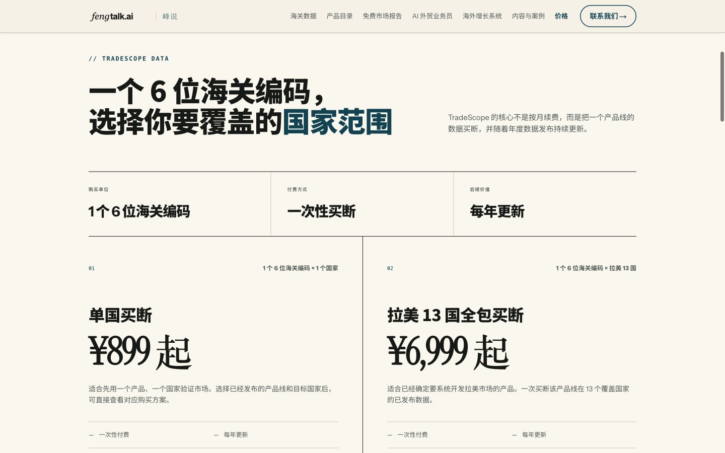 官网价格页把购买单位、一次性买断、年度更新和两种国家范围放在一起说明。